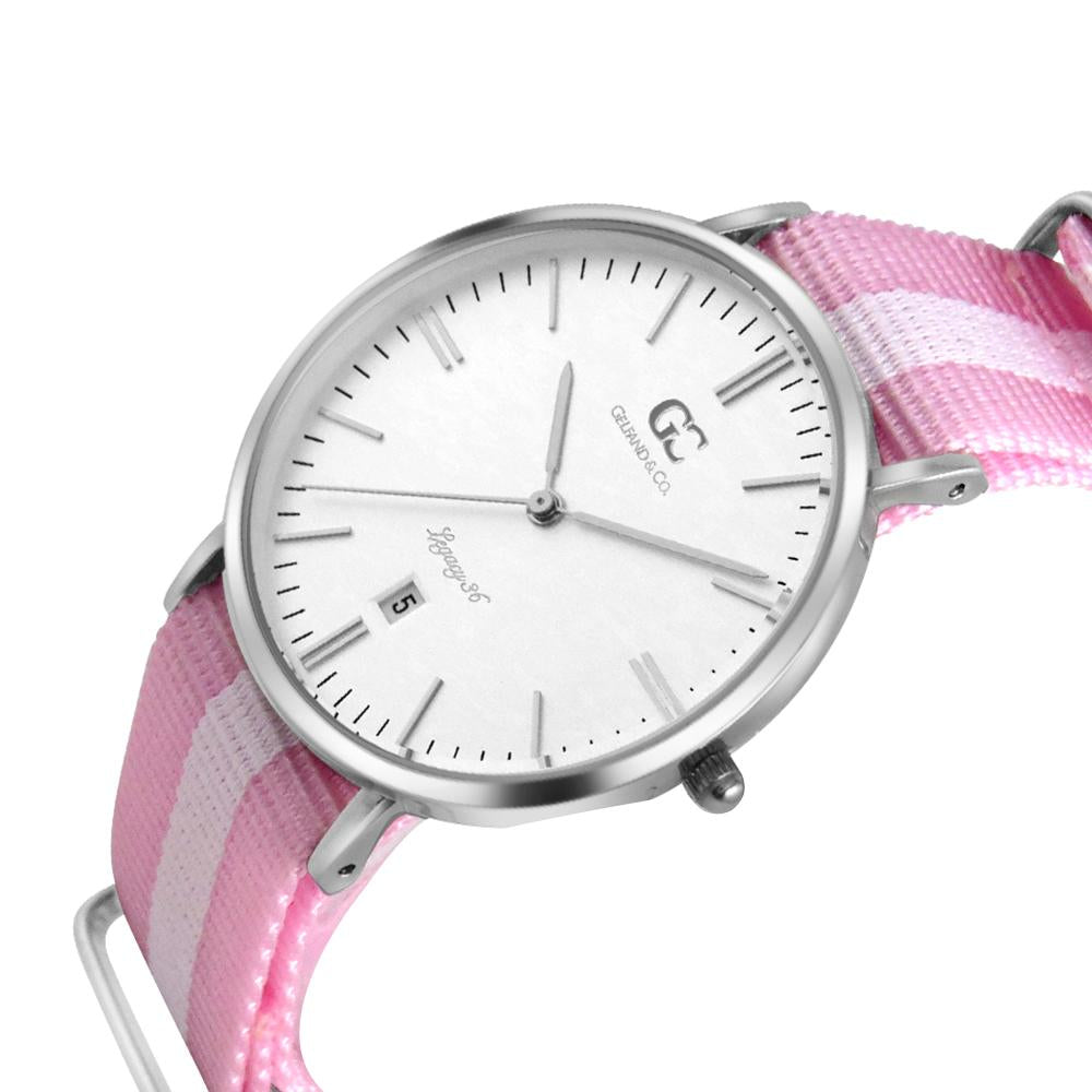 36mm Albany TL13625 White Silver Pink White Mesh Nylon Nato Strap Women's Watch