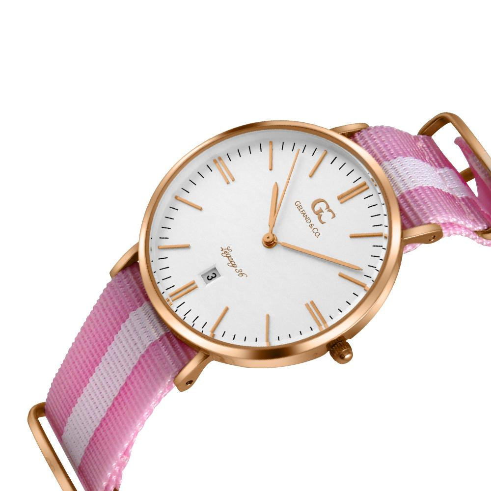 36mm Albany TL13626 White Rose Gold Pink White Mesh Nylon Nato Strap Women's Watch