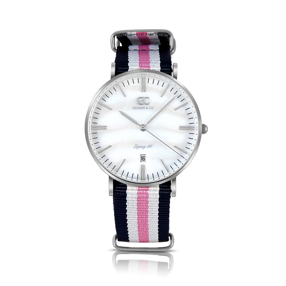 36mm Bayard TL13641 White Pearl Silver Navy Blue Pink White Nylon Nato Band Strap Women's Watch
