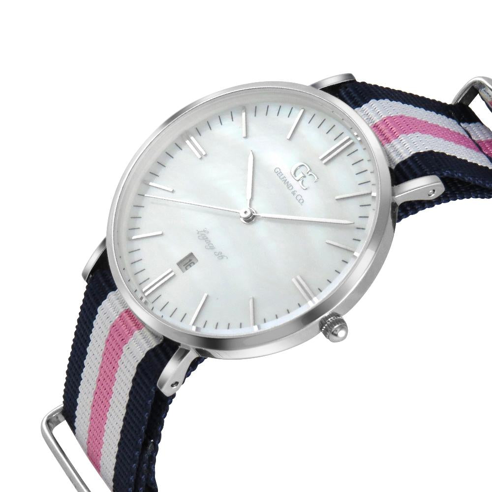 36mm Bayard TL13641 White Pearl Silver Navy Blue Pink White Nylon Nato Band Strap Women's Watch