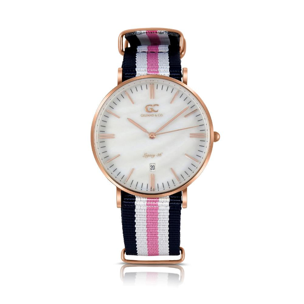 36mm Bayard TL13642 White Pearl Rose Gold Navy Blue Pink White Nylon Nato Band Strap Women's Watch