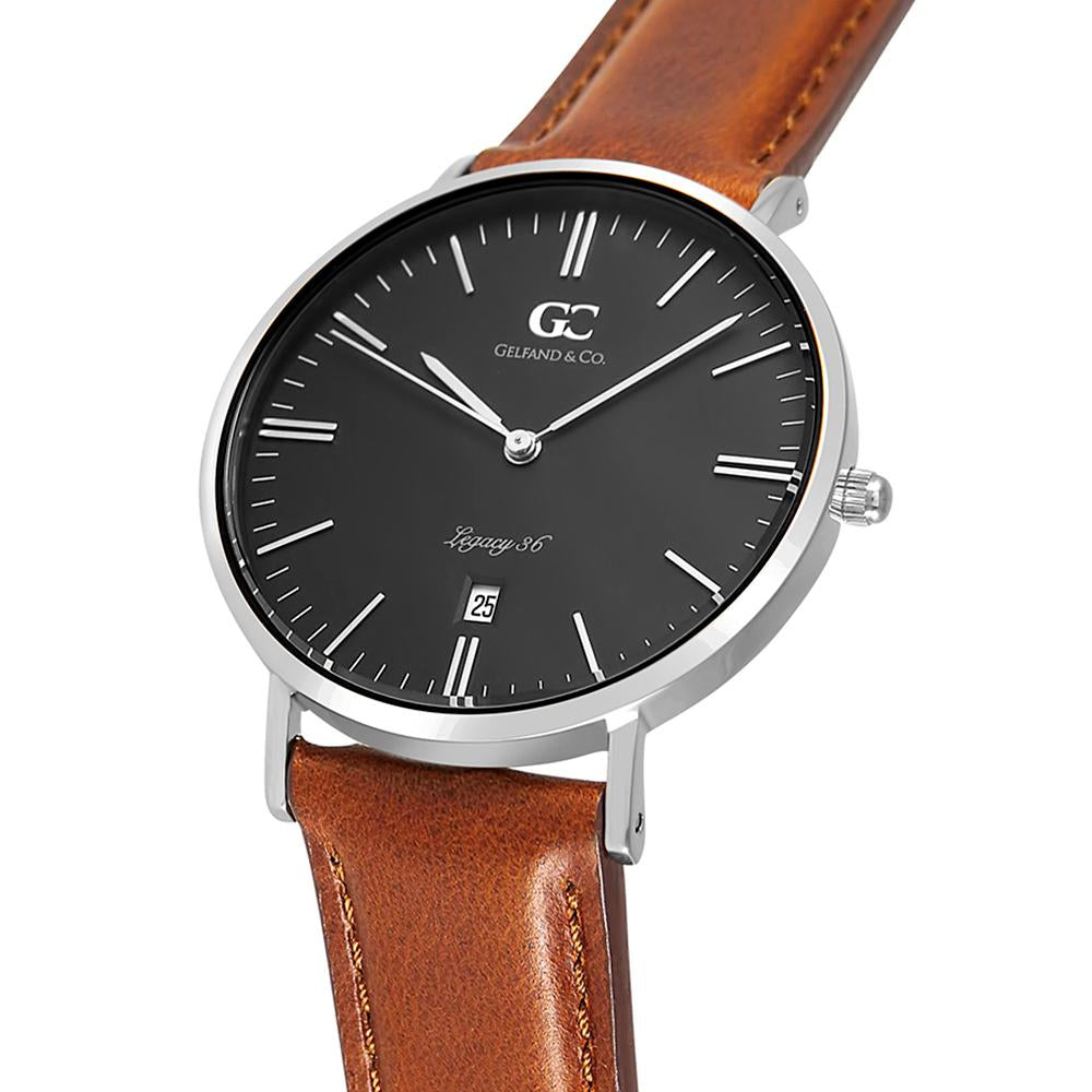 36mm Bedford TL13663 Black Silver Brown Leather Strap Women's Watch