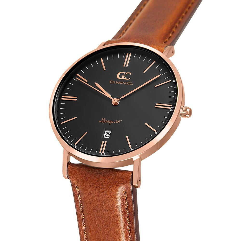 36mm Bedford TL13664 Black Rose Gold Brown Leather Strap Women's Watch