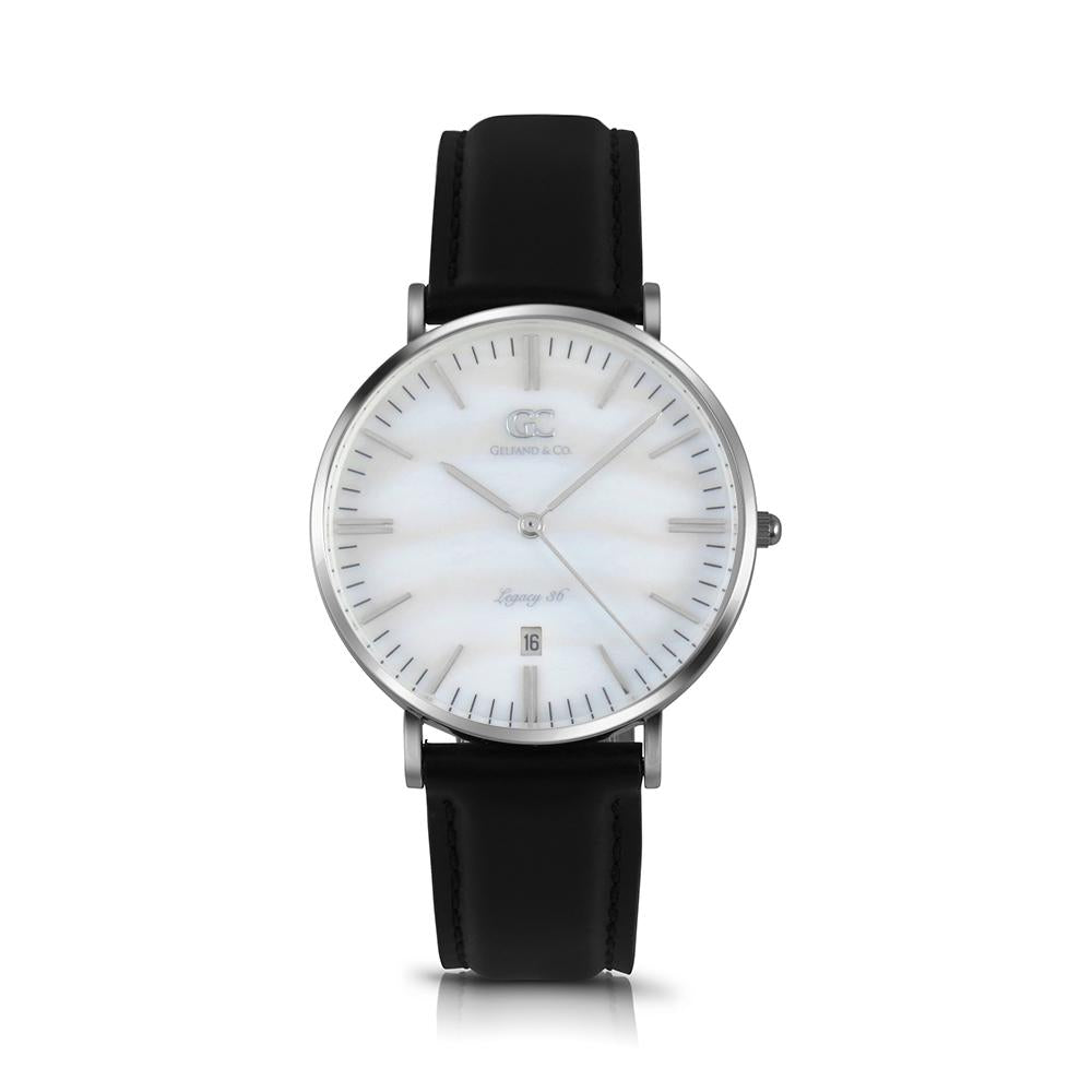 36mm Cedar TL13627 White Pearl Silver Black Leather Women's Watch