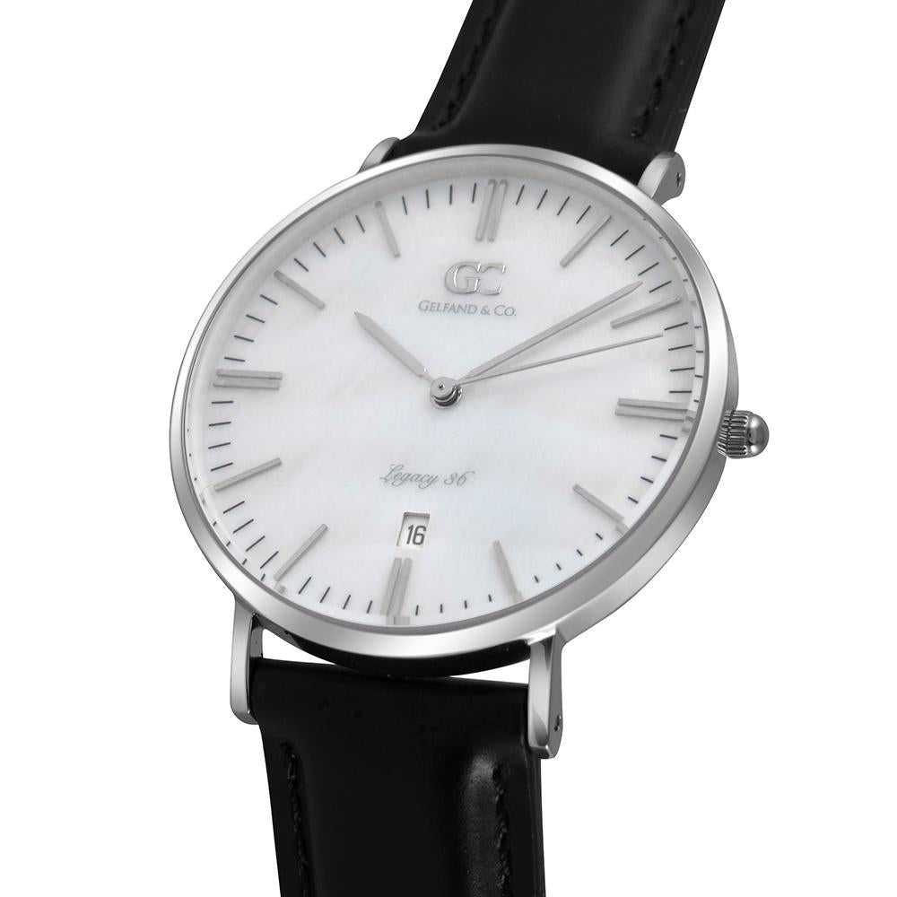36mm Cedar TL13627 White Pearl Silver Black Leather Women's Watch
