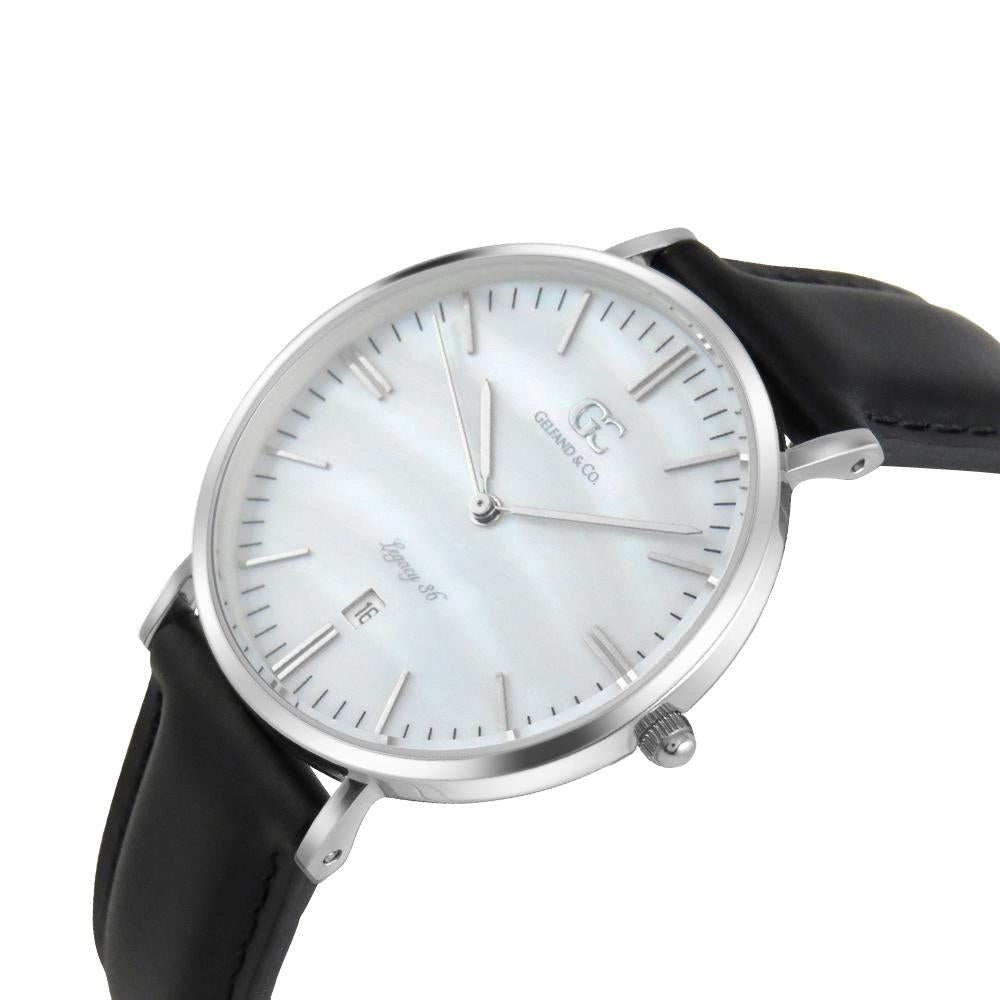36mm Cedar TL13627 White Pearl Silver Black Leather Women's Watch