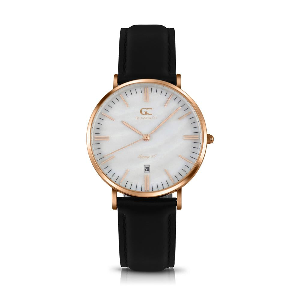 36mm Cedar TL13628 White Pearl Rose Gold Black Leather Women's Watch