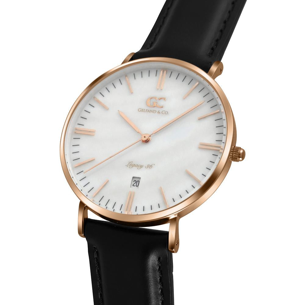 36mm Cedar TL13628 White Pearl Rose Gold Black Leather Women's Watch