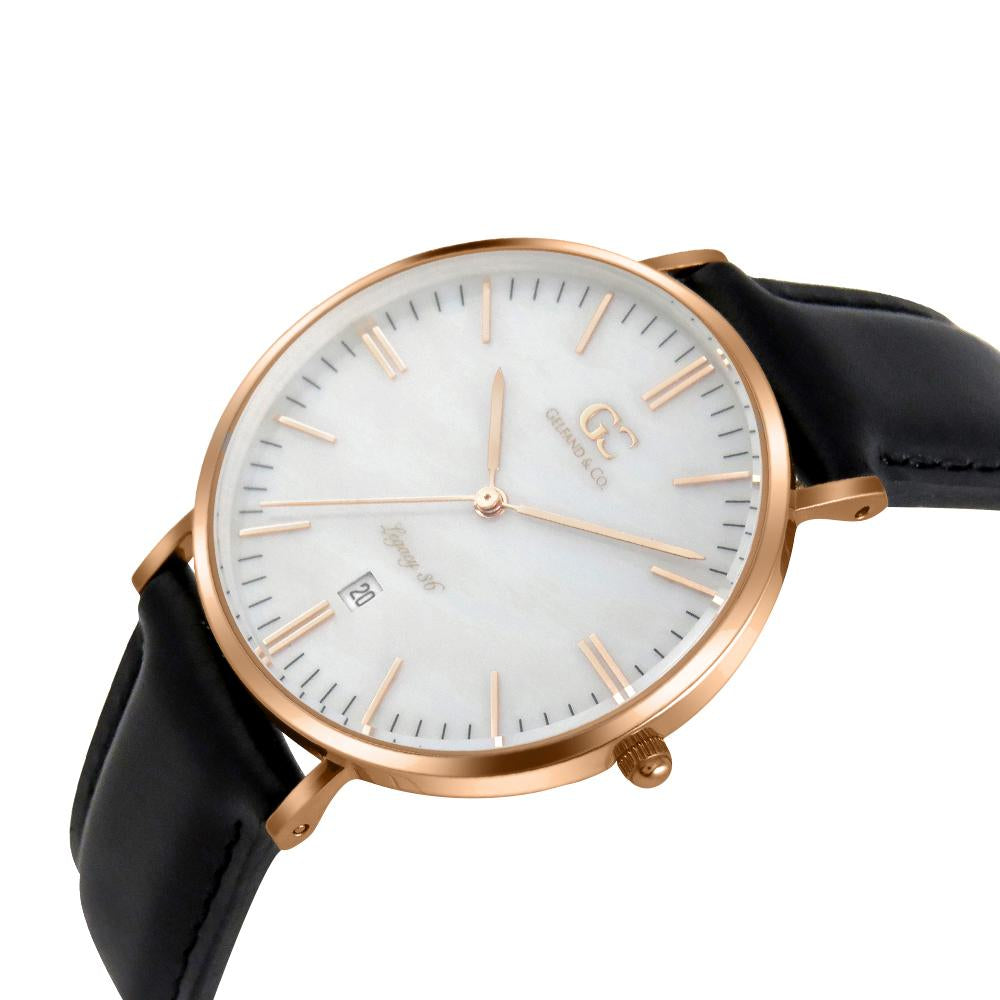36mm Cedar TL13628 White Pearl Rose Gold Black Leather Women's Watch