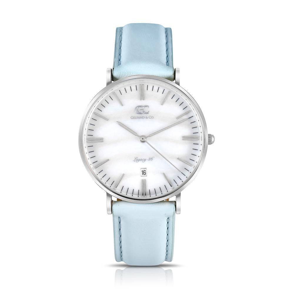 36mm Centre TL13637 White Pearl Silver Baby Blue Leather Women's Watch