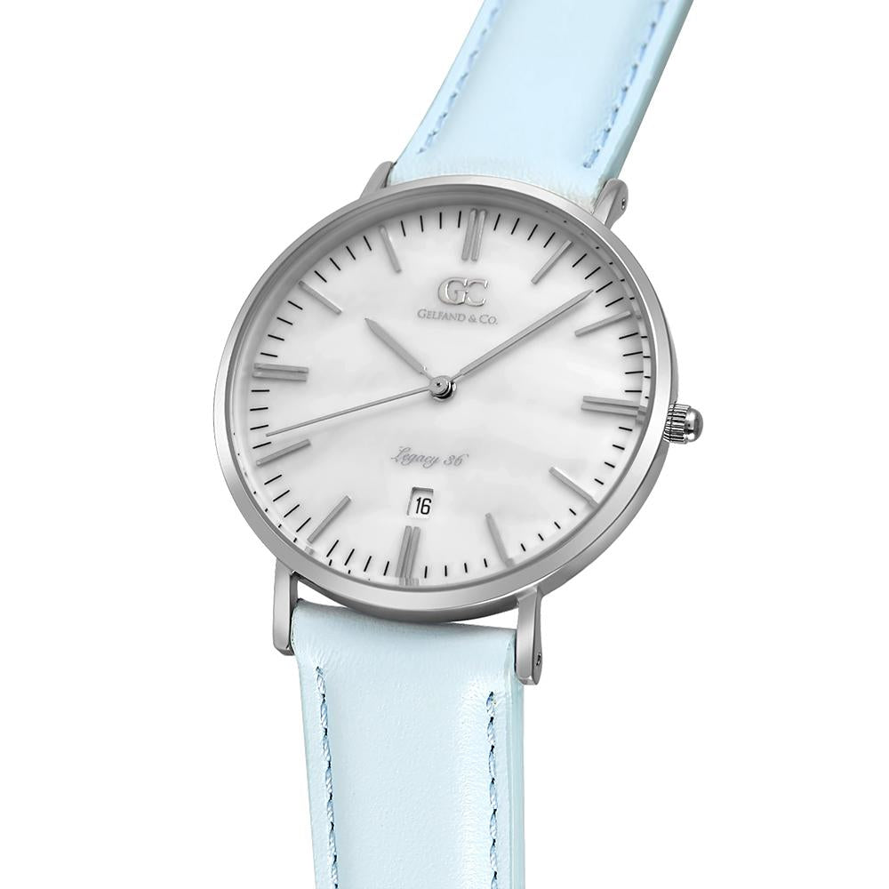 36mm Centre TL13637 White Pearl Silver Baby Blue Leather Women's Watch