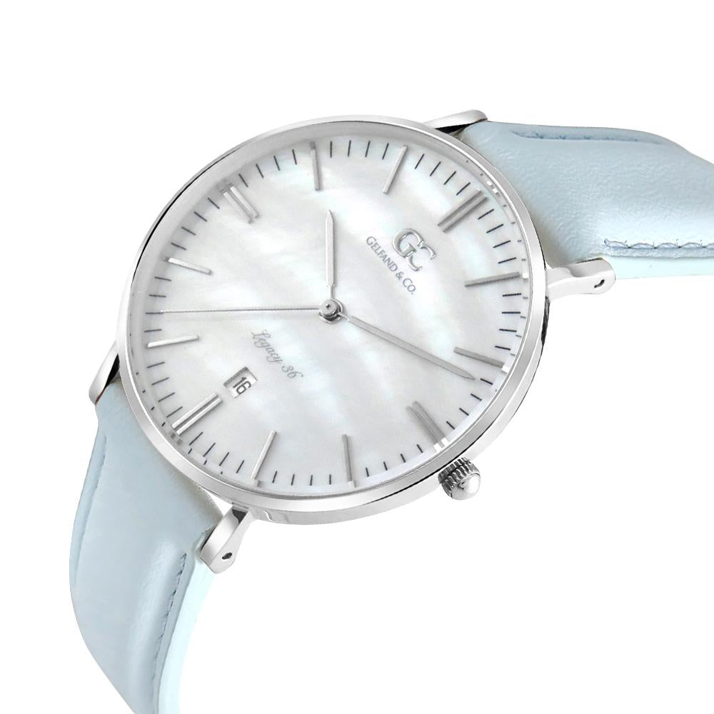 36mm Centre TL13637 White Pearl Silver Baby Blue Leather Women's Watch
