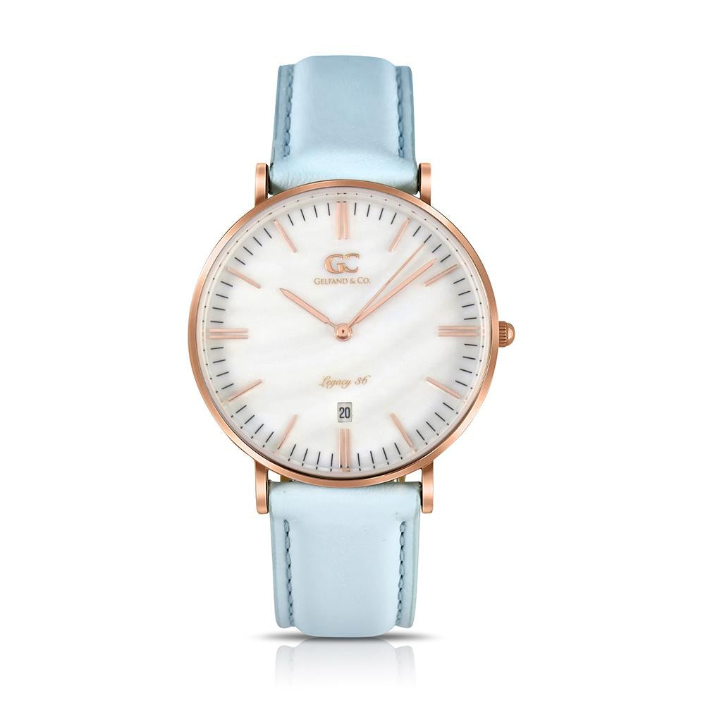 36mm Centre TL13638 White Pearl Rose Gold Baby Blue Leather Women's Watch