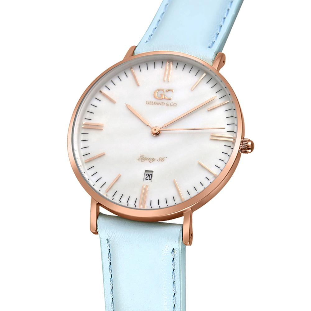 36mm Centre TL13638 White Pearl Rose Gold Baby Blue Leather Women's Watch