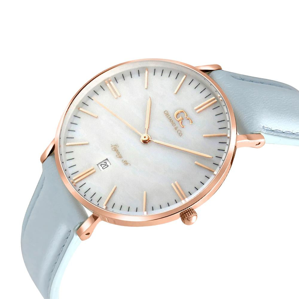 36mm Centre TL13638 White Pearl Rose Gold Baby Blue Leather Women's Watch