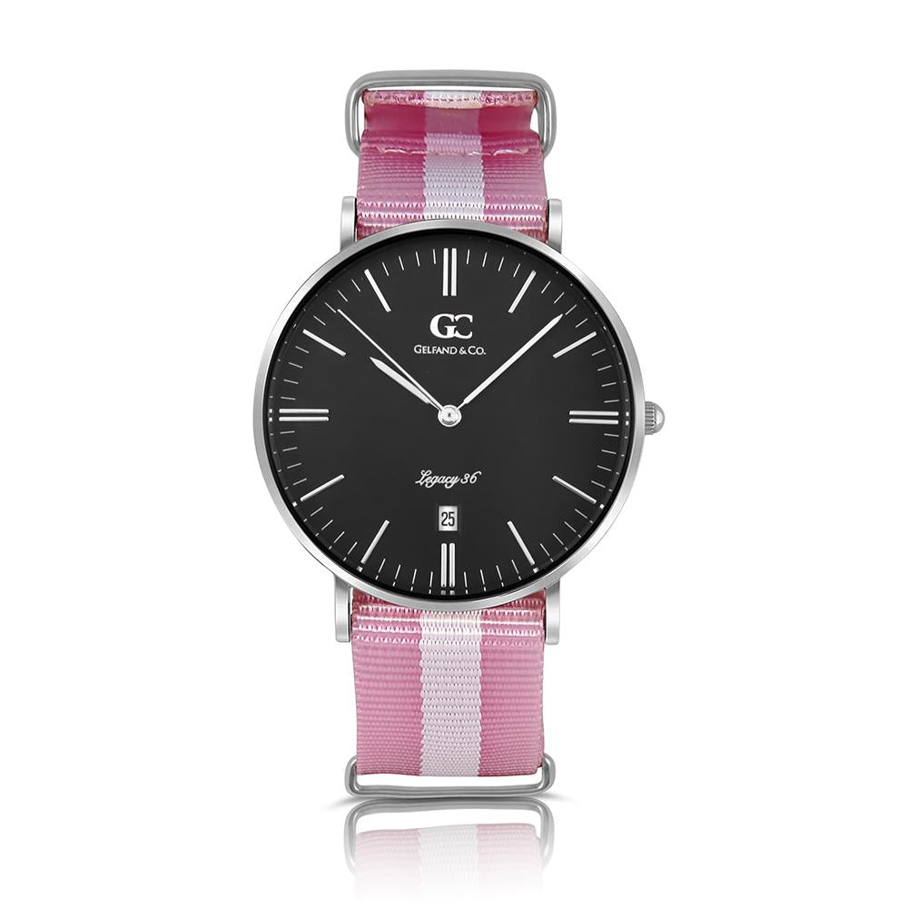 36mm Cornelia TL13671 Black Silver White Pink Nylon Nato Strap Band Women's Watch