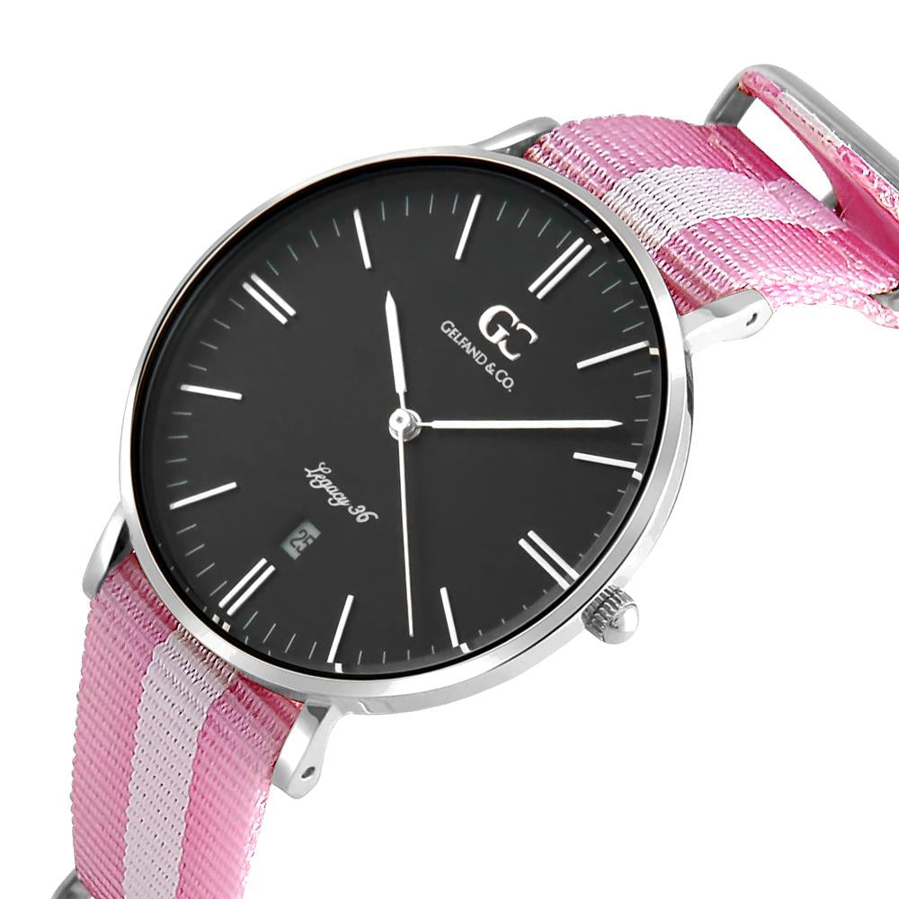 36mm Cornelia TL13671 Black Silver White Pink Nylon Nato Strap Band Women's Watch
