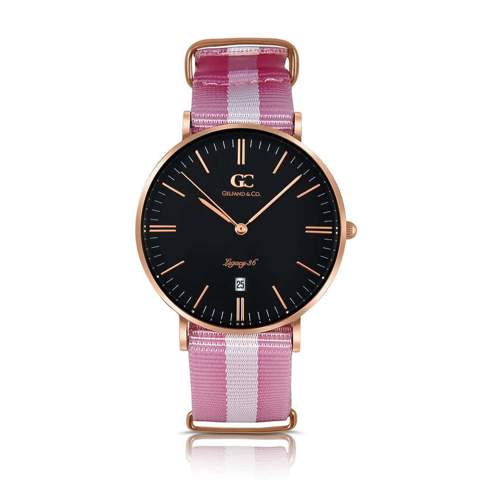 36mm Cornelia TL13672 Black Rose Gold White Pink Nylon Nato Strap Band Women's Watch