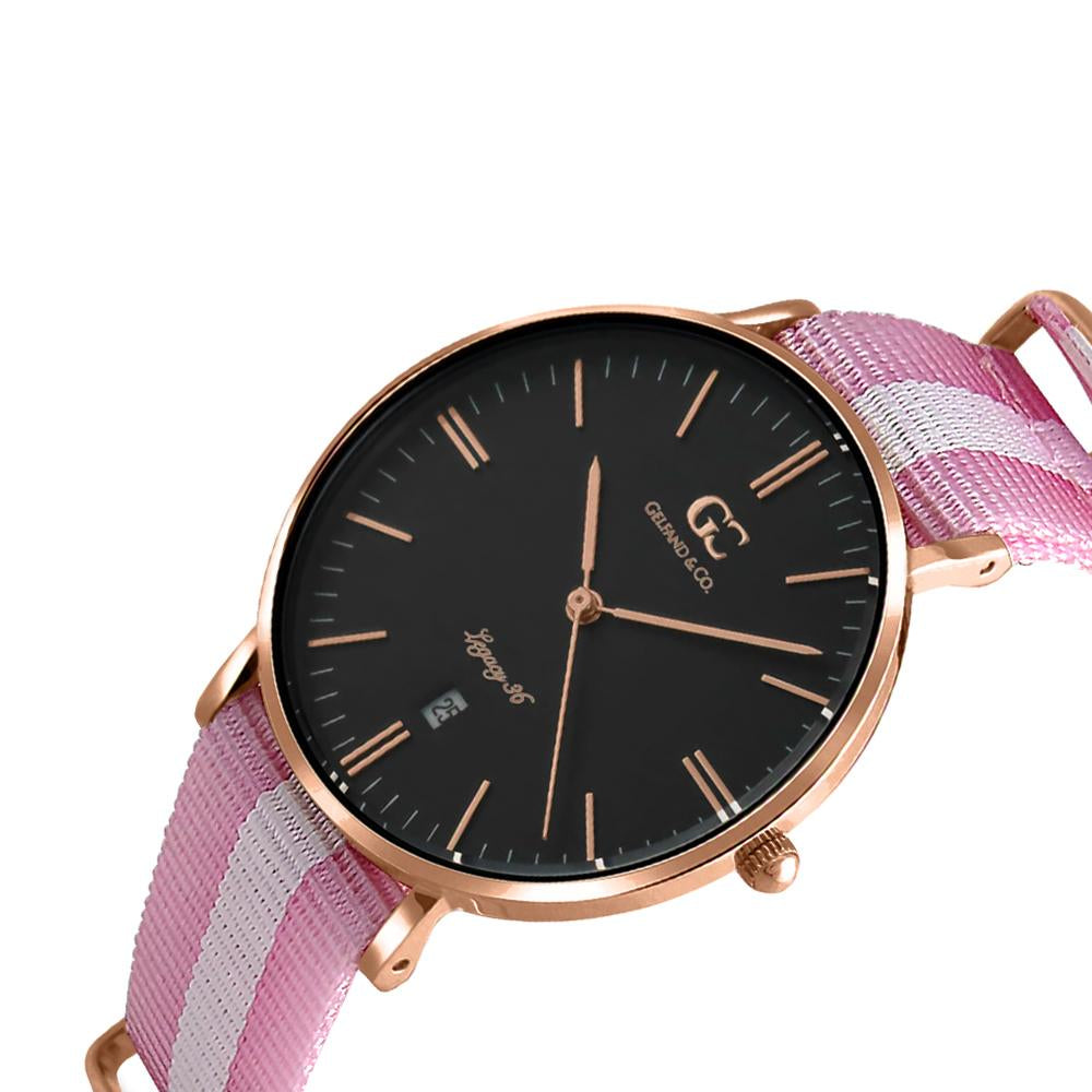 36mm Cornelia TL13672 Black Rose Gold White Pink Nylon Nato Strap Band Women's Watch
