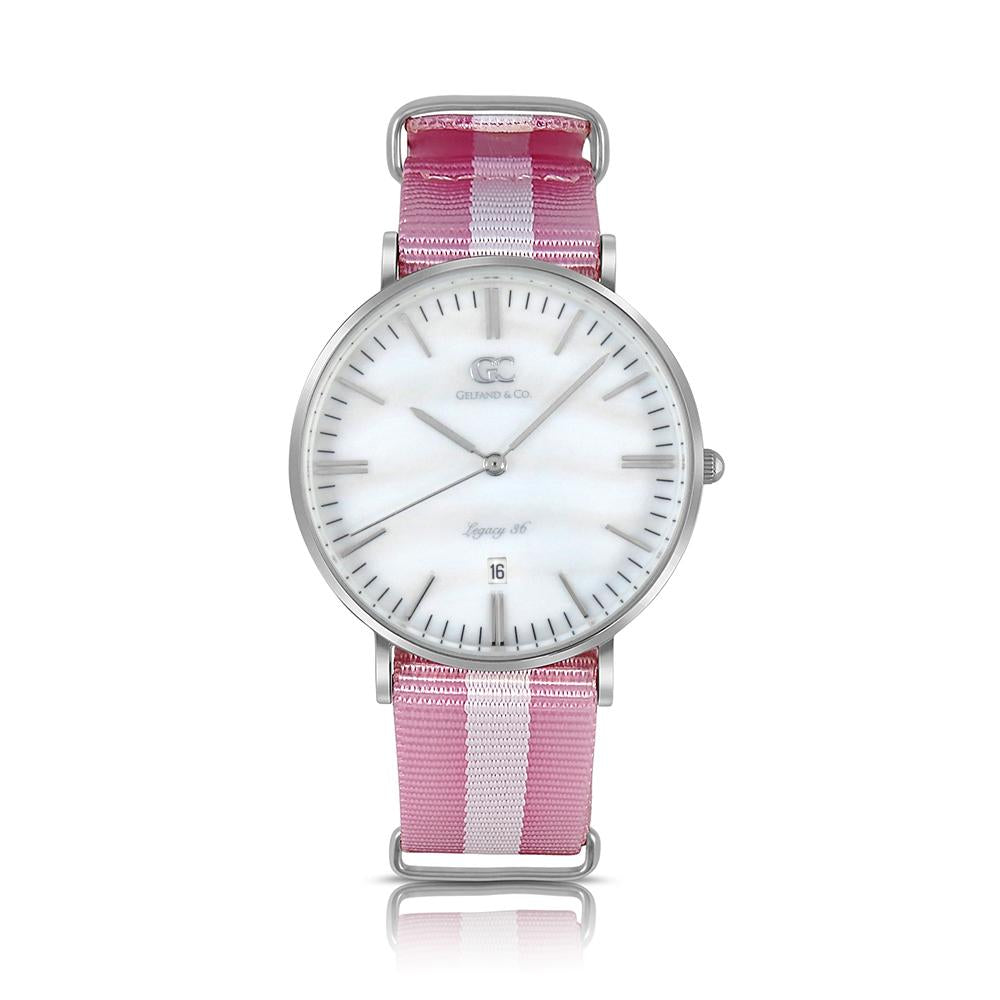 36mm Elizabeth TL13643 White Pearl Silver Pink White Nylon Nato Band Strap Women's Watch