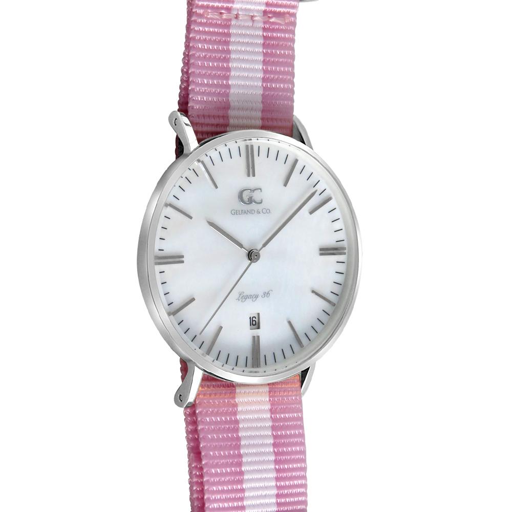 36mm Elizabeth TL13643 White Pearl Silver Pink White Nylon Nato Band Strap Women's Watch