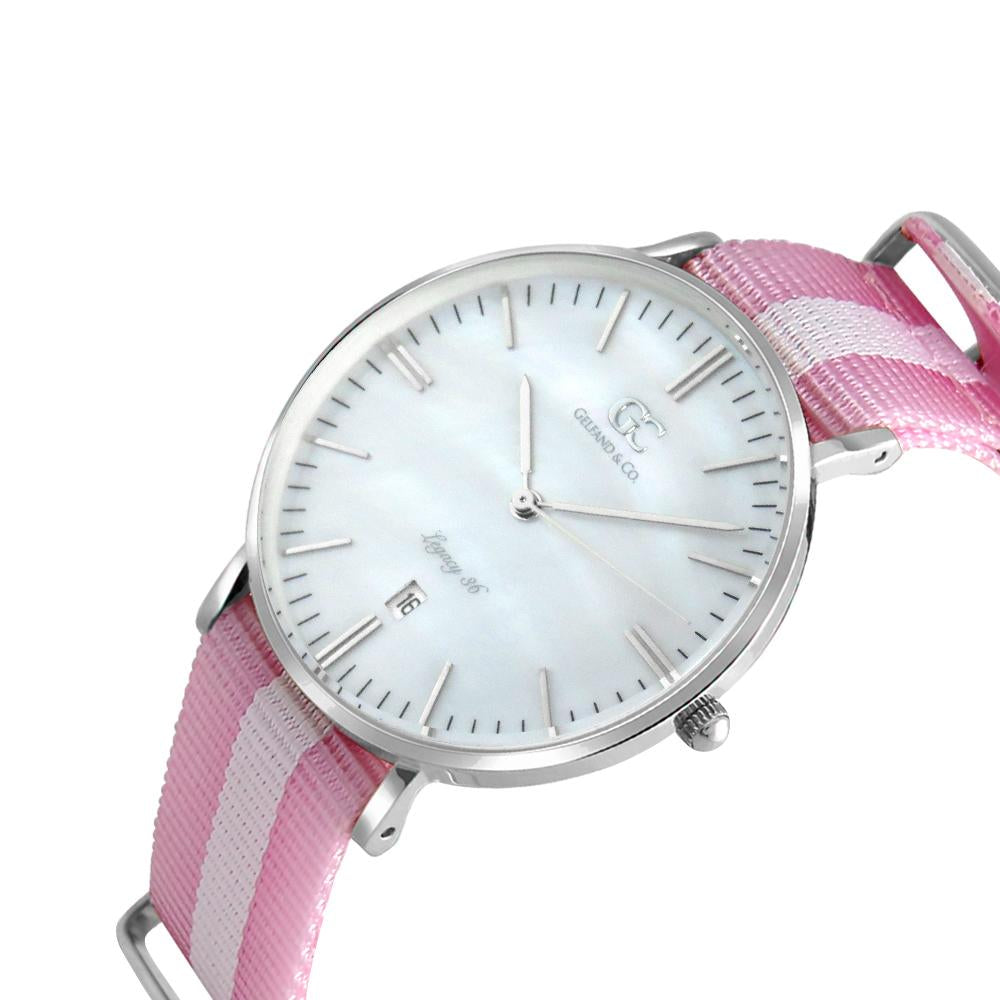 36mm Elizabeth TL13643 White Pearl Silver Pink White Nylon Nato Band Strap Women's Watch