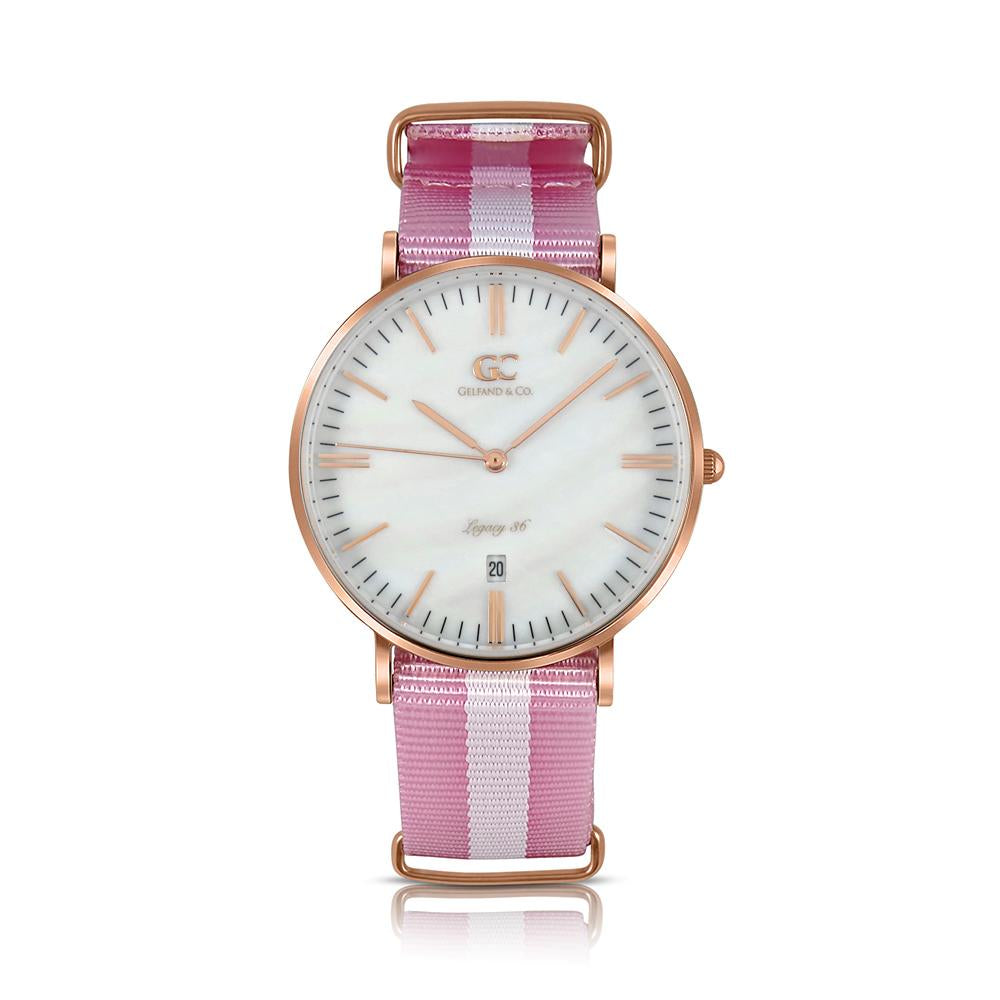 36mm Elizabeth TL13644 White Pearl Rose Gold Pink White Nylon Nato Band Strap Women's Watch