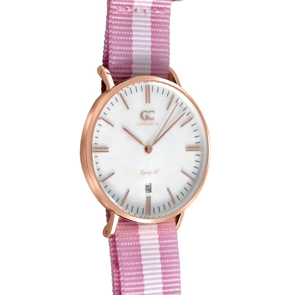 36mm Elizabeth TL13644 White Pearl Rose Gold Pink White Nylon Nato Band Strap Women's Watch