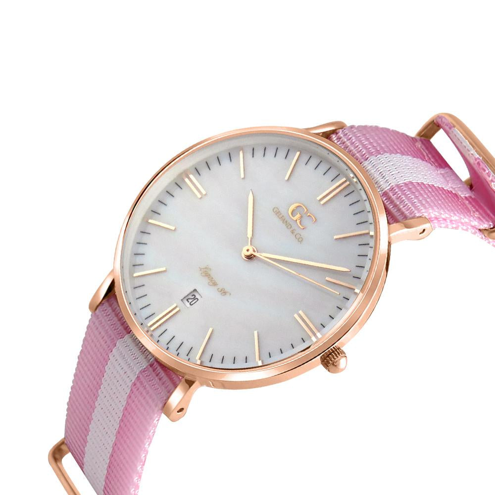 36mm Elizabeth TL13644 White Pearl Rose Gold Pink White Nylon Nato Band Strap Women's Watch
