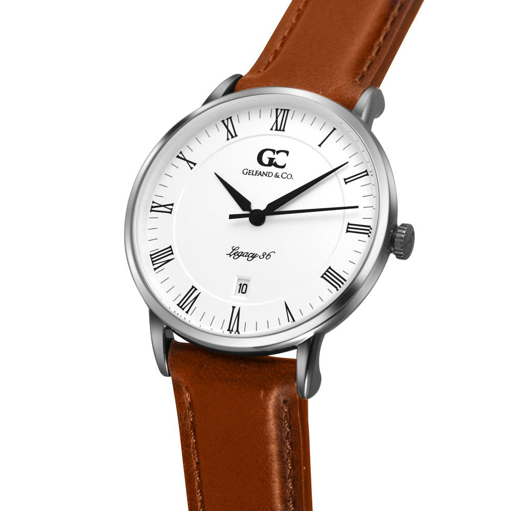 36mm Greenwich RN13605 White Silver Light Brown Leather Women's Watch