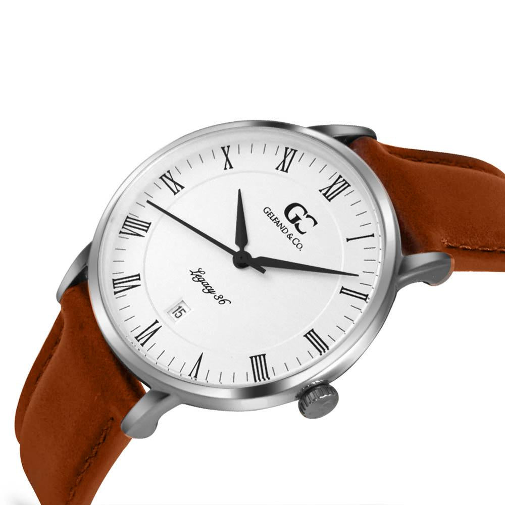 36mm Greenwich RN13605 White Silver Light Brown Leather Women's Watch