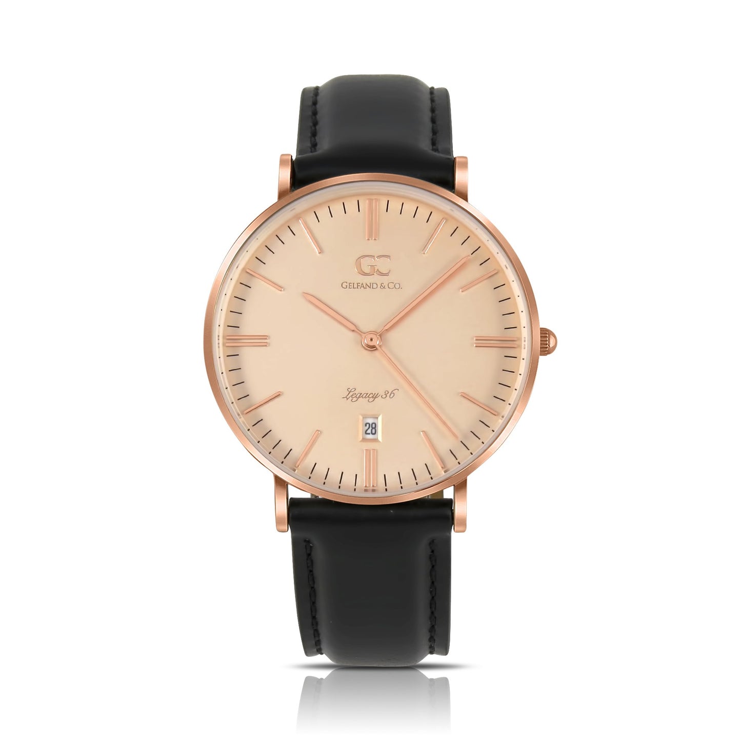36mm Hester TL13645 Peach Rose Gold Black Leather Strap Women's Watch