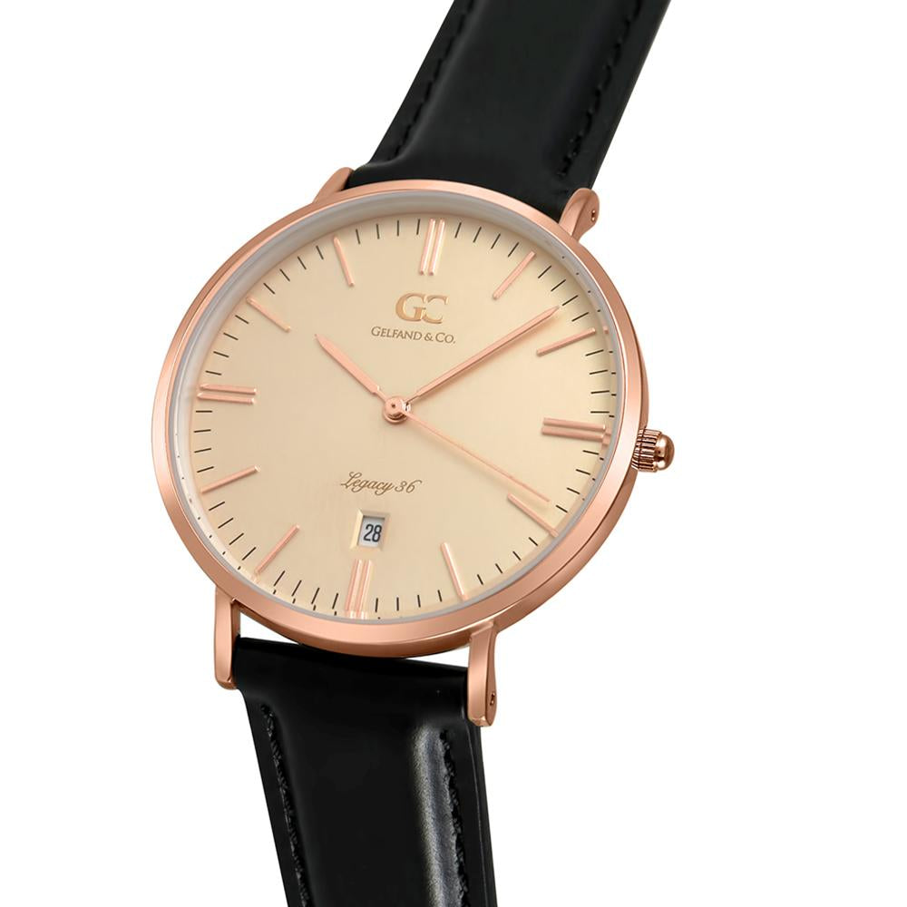 36mm Hester TL13645 Peach Rose Gold Black Leather Strap Women's Watch