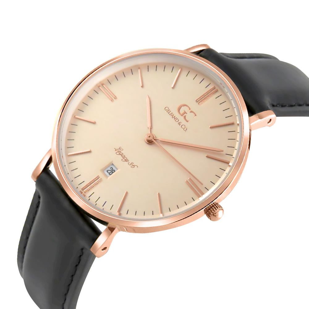 36mm Hester TL13645 Peach Rose Gold Black Leather Strap Women's Watch