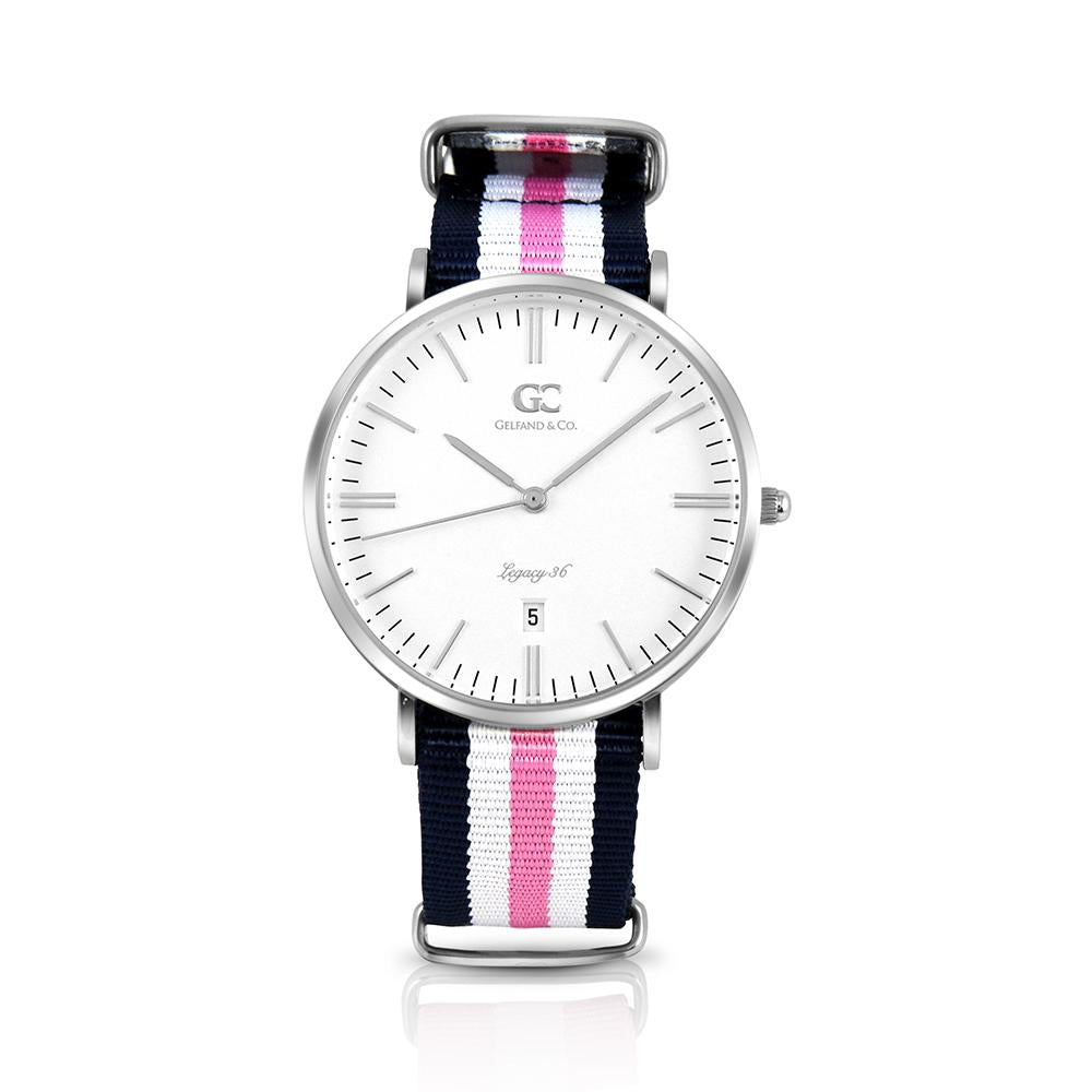 36mm Morris TL13623 White Silver Pink White Navy Blue Mesh Nylon Nato Strap Women's Watch