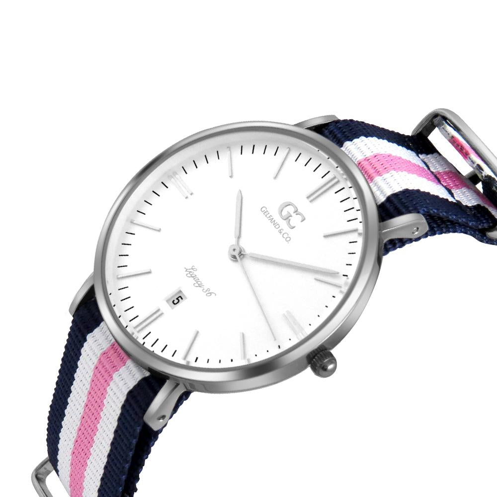 36mm Morris TL13623 White Silver Pink White Navy Blue Mesh Nylon Nato Strap Women's Watch