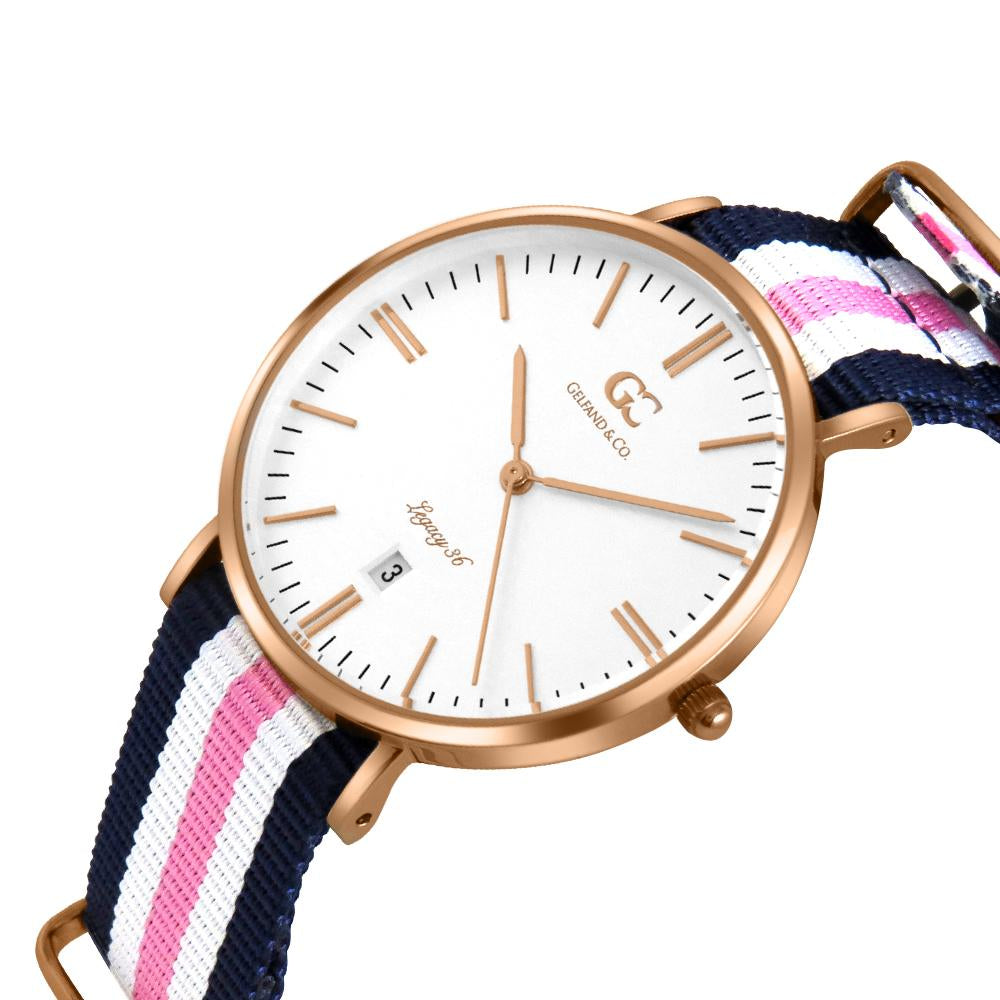 36mm Morris TL13624 White Rose Gold Pink White Navy Blue Mesh Nylon Nato Strap Women's Watch