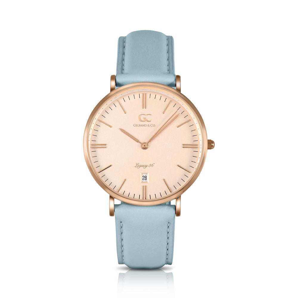 36mm Norfolk TL13654 Peach Rose Gold Baby Blue Leather Strap Women's Watch