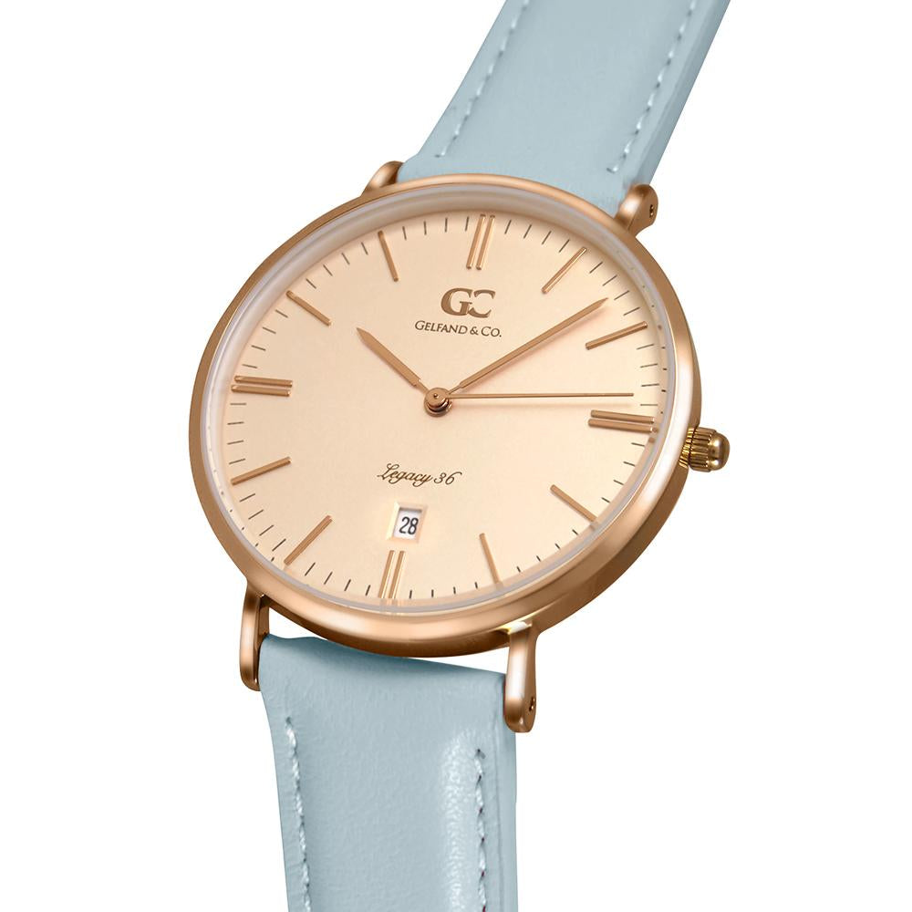 36mm Norfolk TL13654 Peach Rose Gold Baby Blue Leather Strap Women's Watch