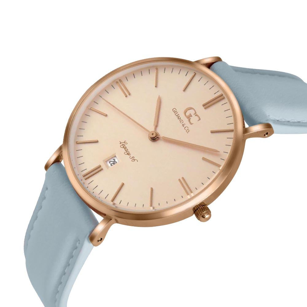 36mm Norfolk TL13654 Peach Rose Gold Baby Blue Leather Strap Women's Watch