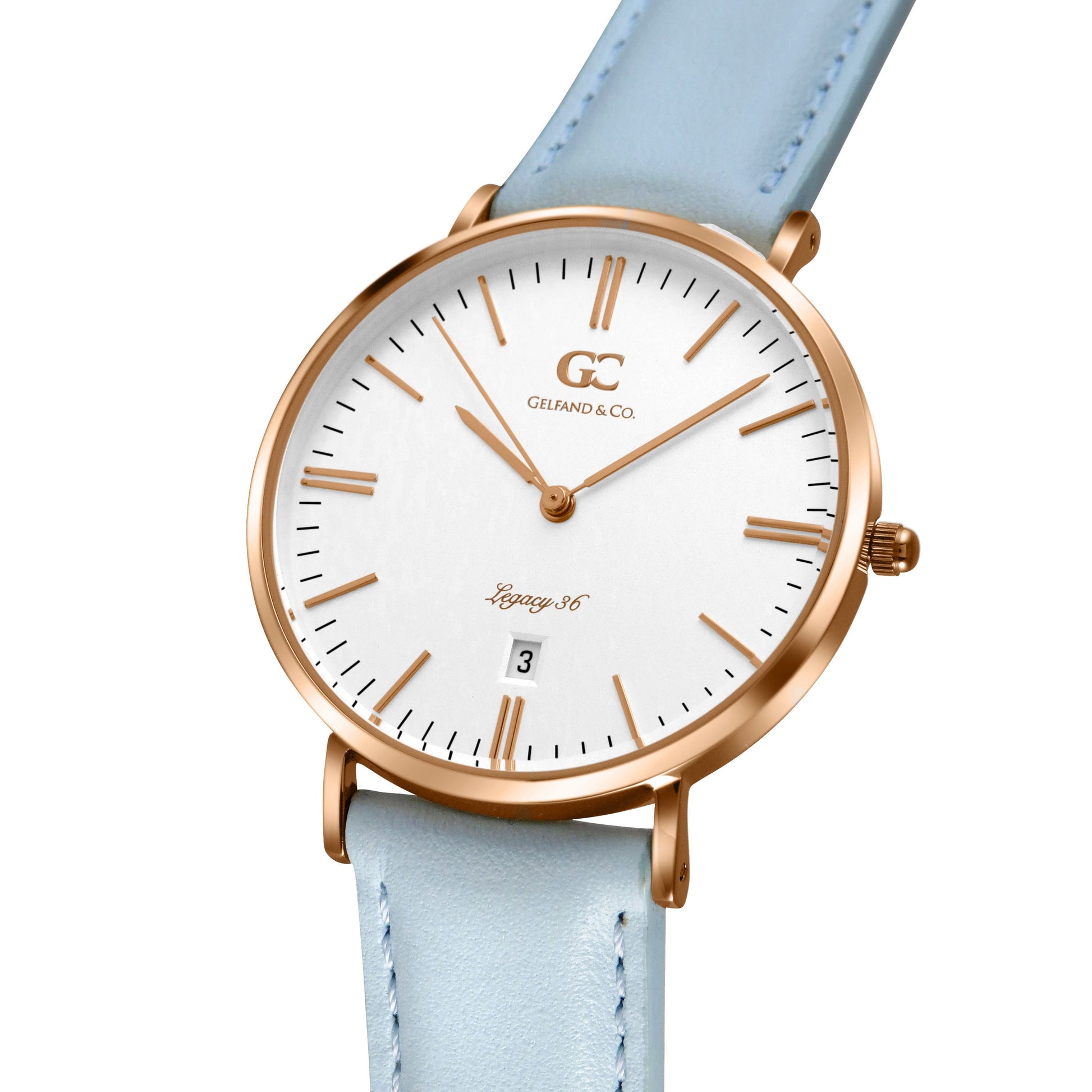 36mm Oak TL13618 White Rose Gold Light Blue Leather Women's Watch