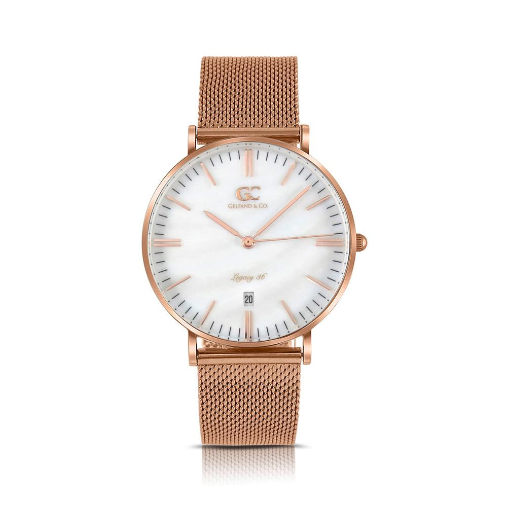 36mm Parson TL13640 White Pearl Rose Gold Mesh Strap Women's Watch