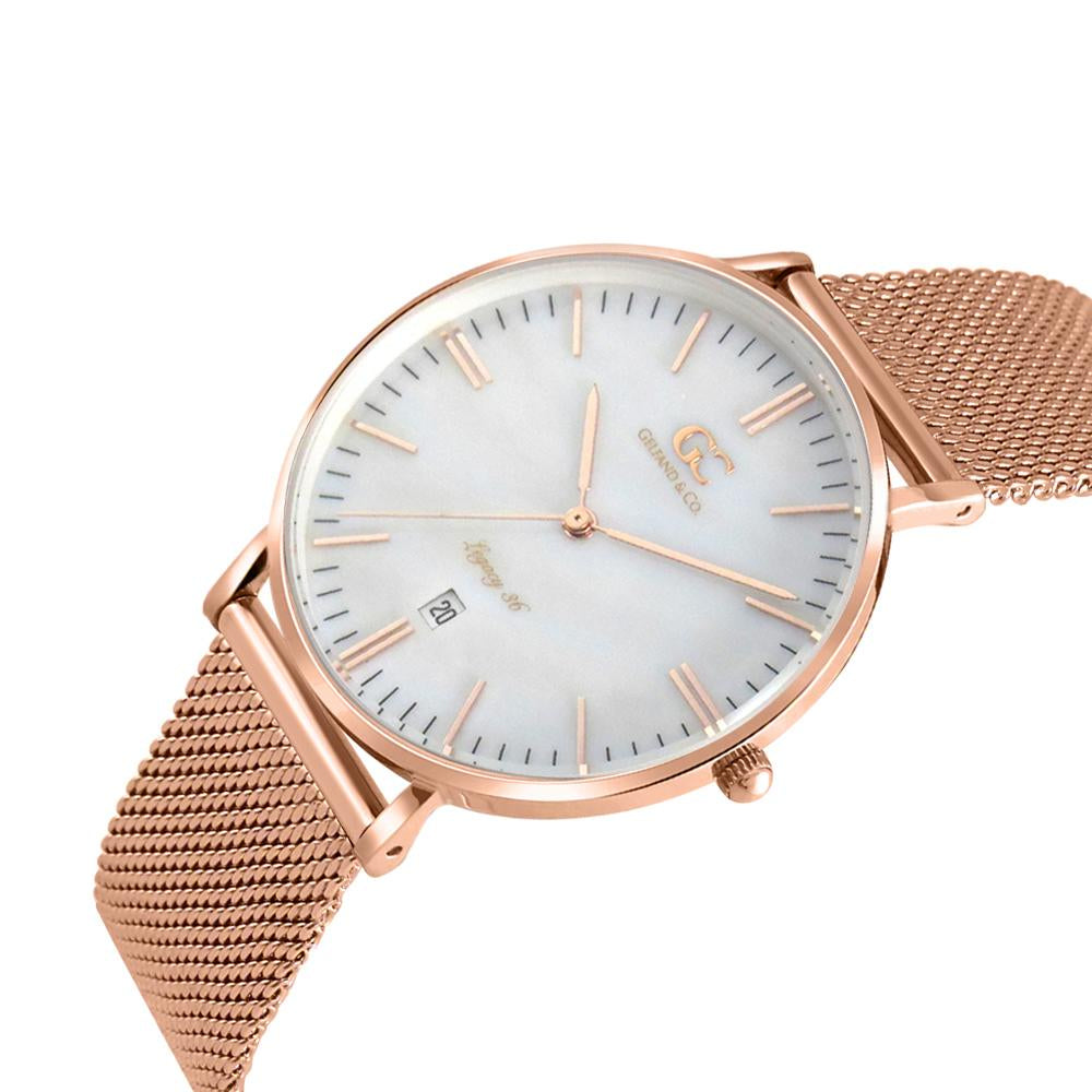 36mm Parson TL13640 White Pearl Rose Gold Mesh Strap Women's Watch