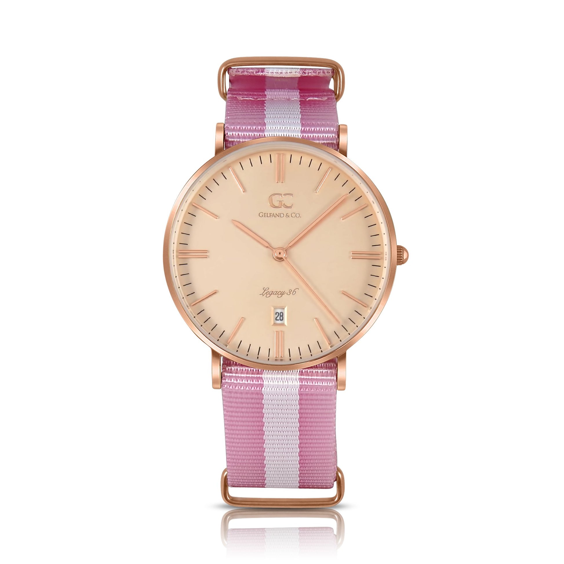36mm Renwick TL13660 Peach Rose Gold Pink White Nylon Nato Band Strap Women's Watch