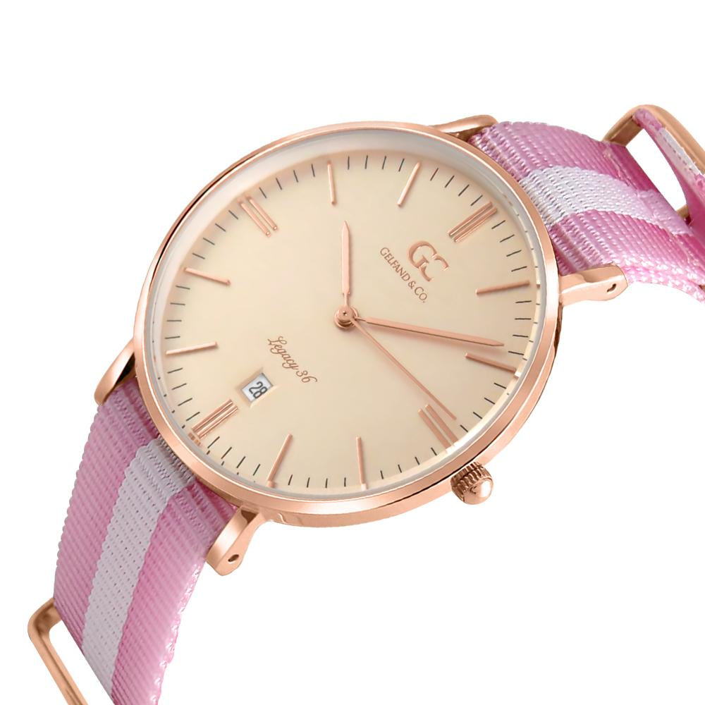 36mm Renwick TL13660 Peach Rose Gold Pink White Nylon Nato Band Strap Women's Watch