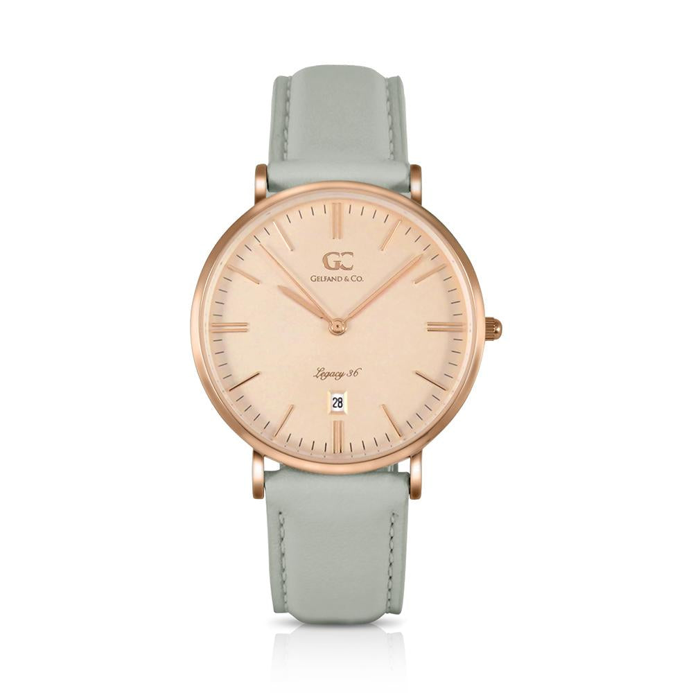 36mm Stanton TL13652 Peach Rose Gold Light Gray Leather Strap Women's Watch