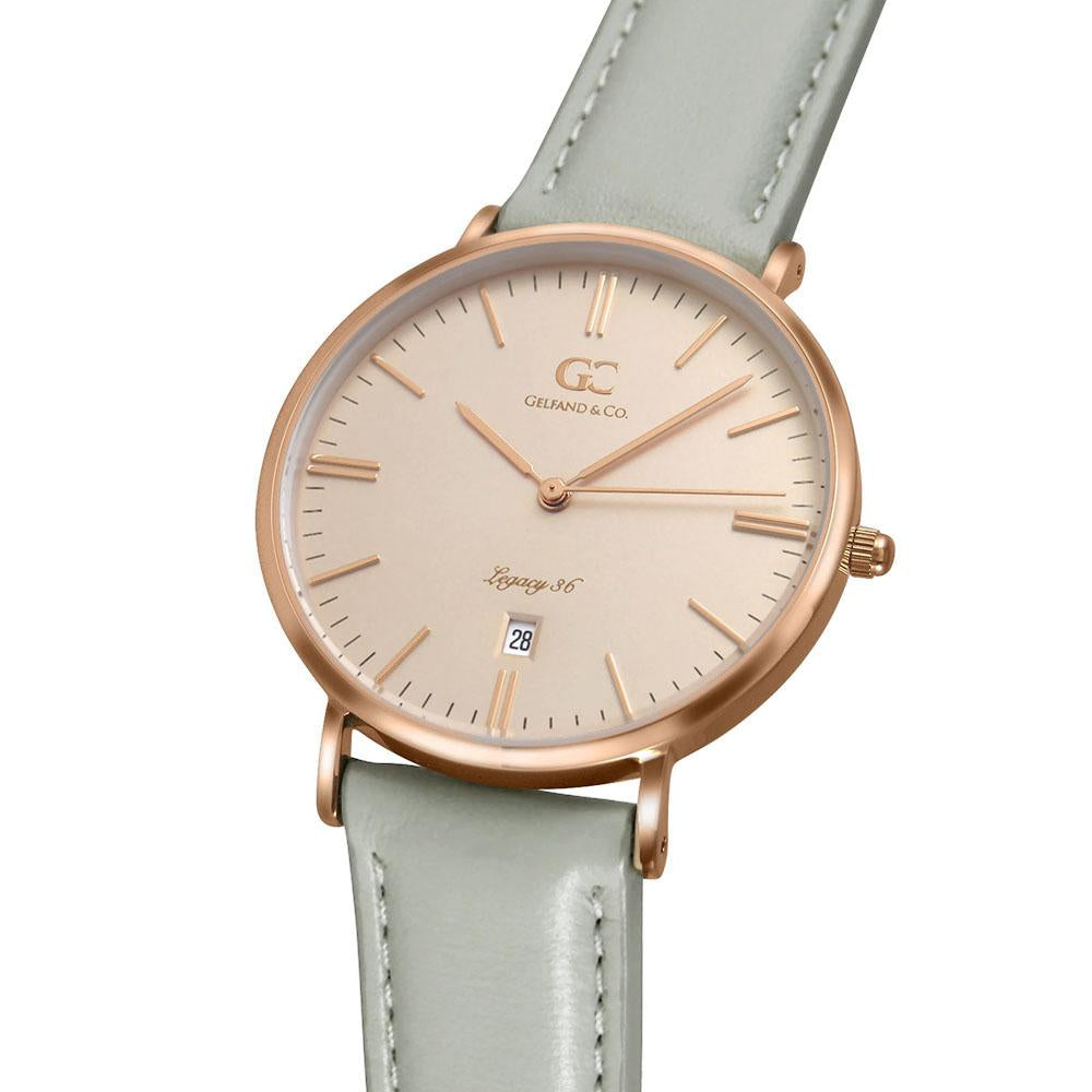 36mm Stanton TL13652 Peach Rose Gold Light Gray Leather Strap Women's Watch