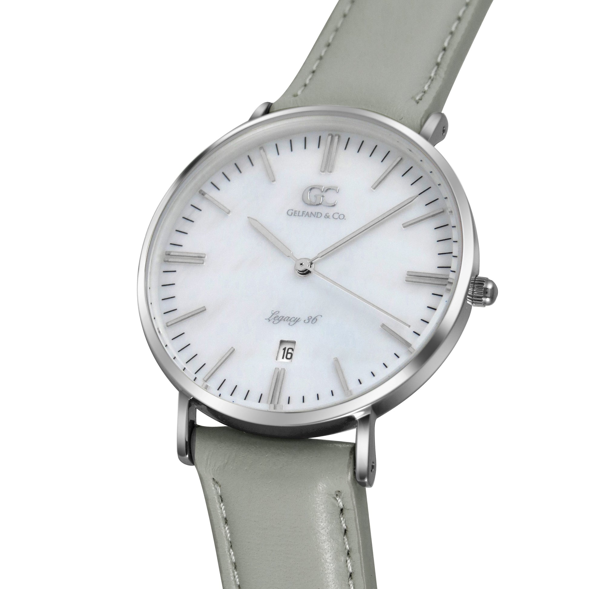 36mm Trimble TL13635 White Pearl Silver Light Gray Leather Women's Watch