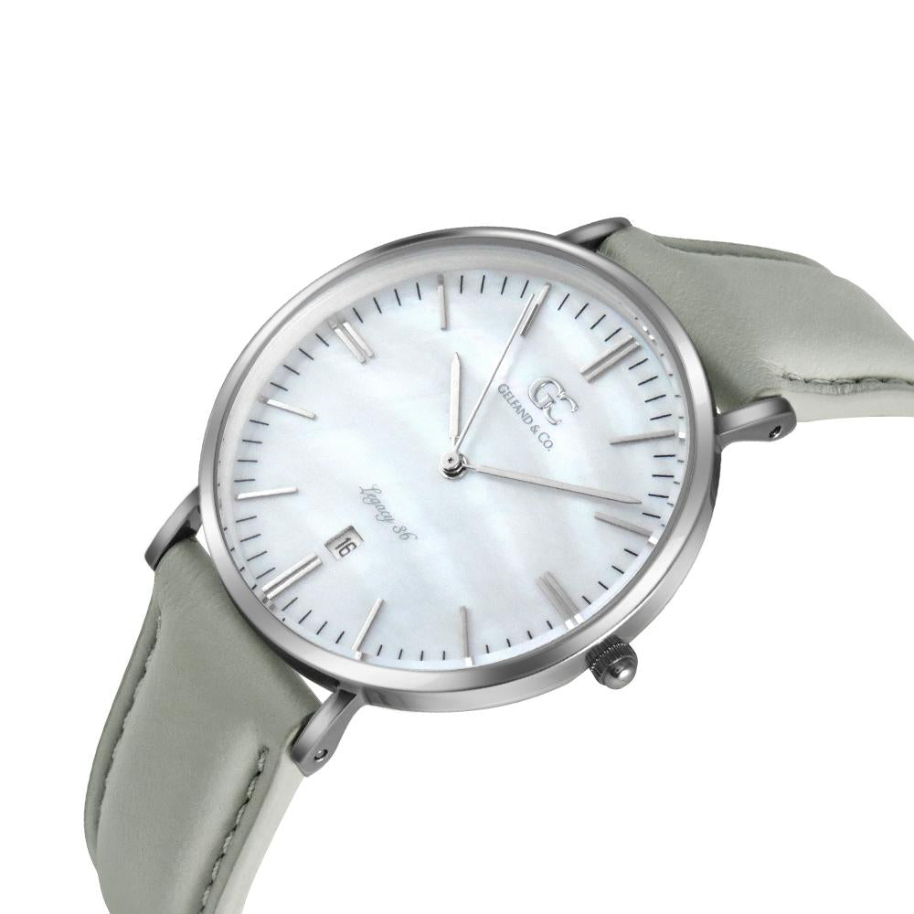 36mm Trimble TL13635 White Pearl Silver Light Gray Leather Women's Watch