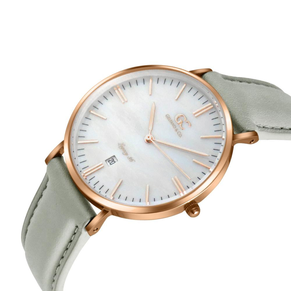 36mm Trimble TL13636 White Pearl Rose Gold Light Gray Leather Women's Watch -1